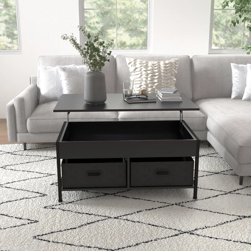 HOMCOM Industrial Coffee Table, Lift Top Coffee Table with Storage, Live Edge Coffee Table with Open Shelves and Fabric Boxes