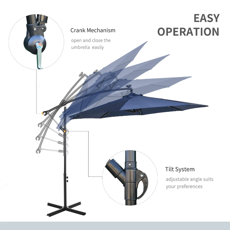 Outsunny 10ft Outdoor Cantilever Umbrella with Solar Lights Banana Umbrella with Adjustable Angle for Patio Backyard Navy Blue