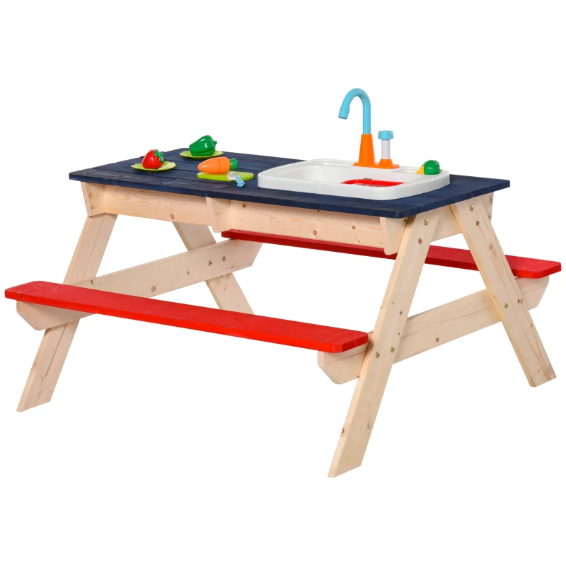 Outsunny Sand & Water Table with Sandbox, Outdoor  with Kitchen Toys, Kids Picnic Table and Bench Set Water Circulation Faucet and Vegetable Accessories