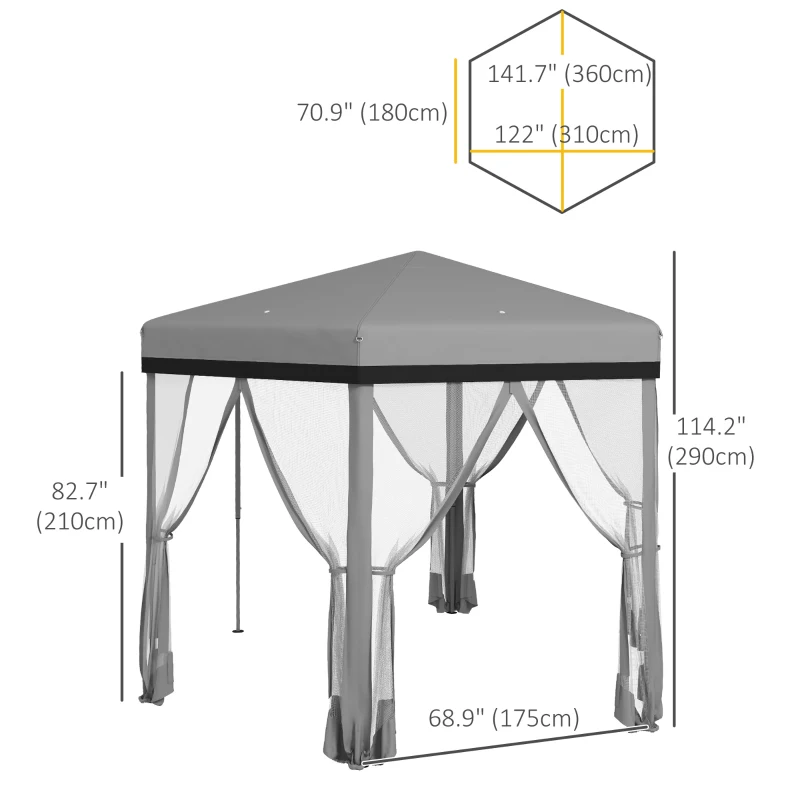 Outsunny 12'x12' Pop Up Canopy, Hexagon Gazebo with Netting, Carry Bag, Height Adjustable Instant Shelter, Grey