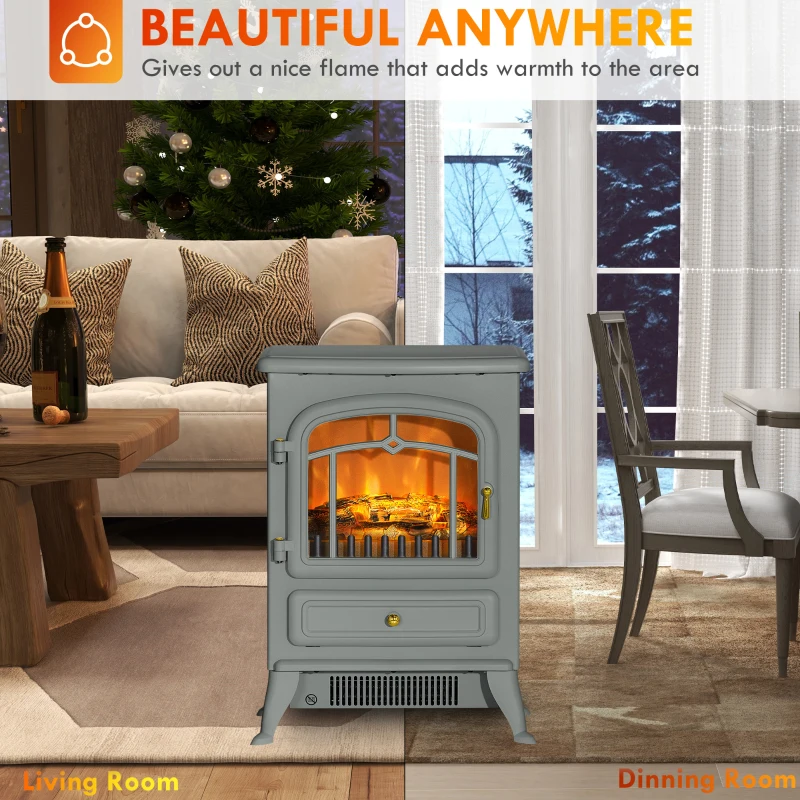 HOMCOM Fireplace Stove, Electric Fireplace Heater with Realistic LED Flames and Logs, 725W/1450W, Gray