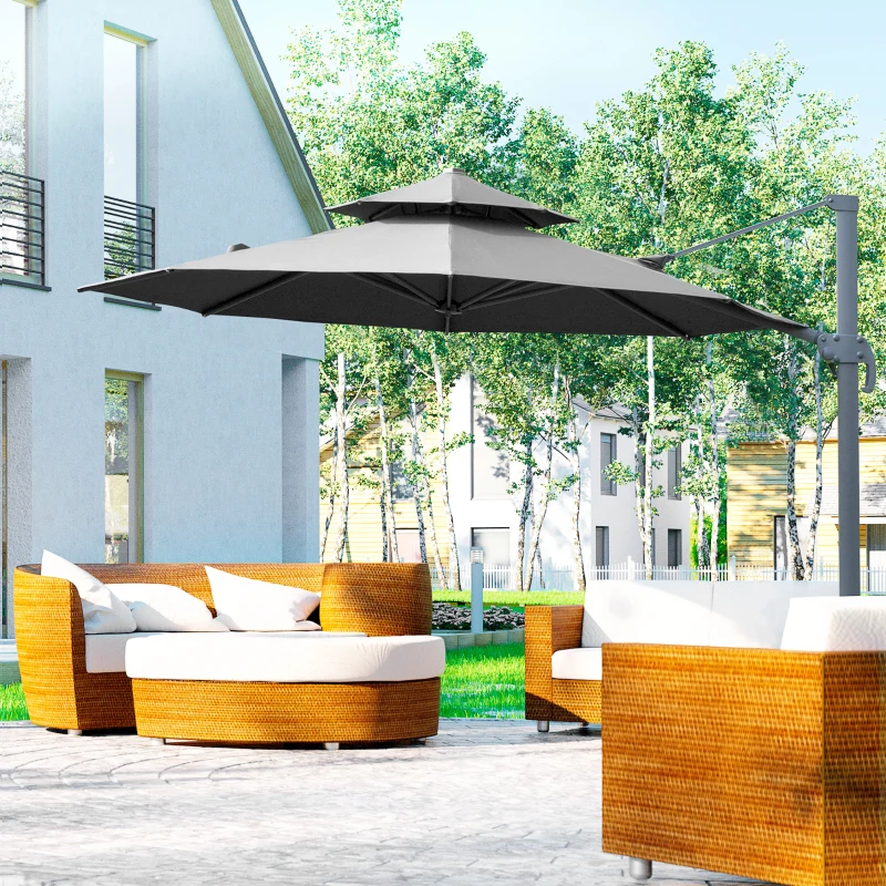 Outsunny 11ft Cantilever Patio Umbrella with Base, Double Top Hanging Aluminum Offset Umbrella with 360° Rotation, Easy Tilt, 8 Ribs, Crank, Cross Base for Backyard, Dark Gray