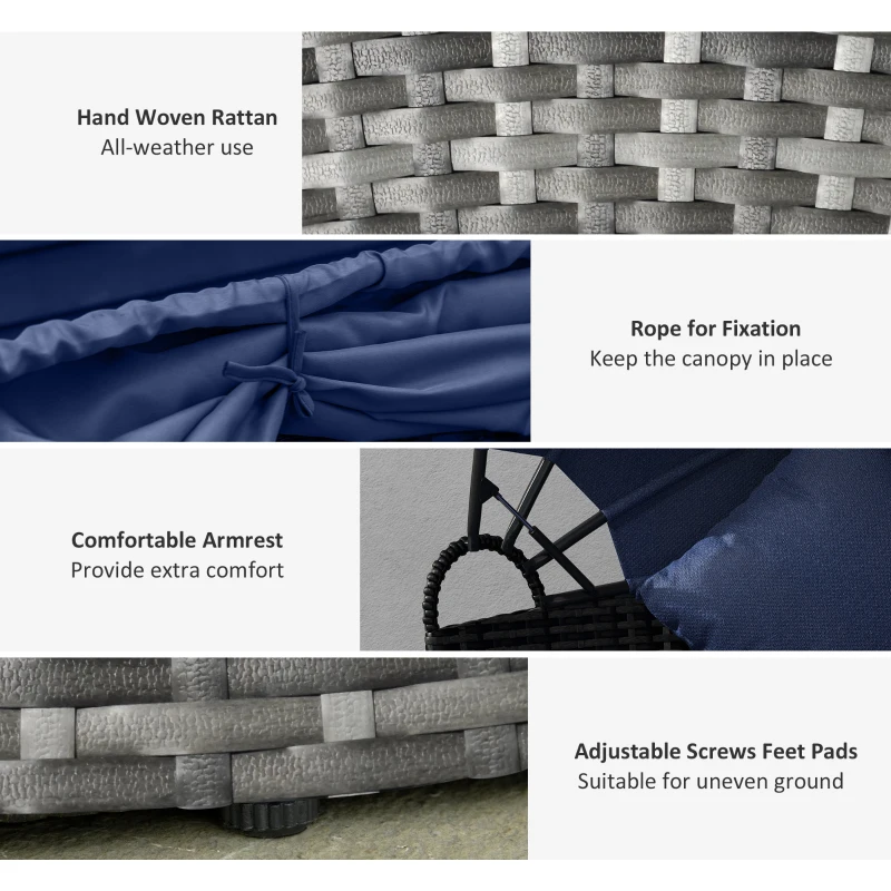 Outsunny 4-piece Cushioned Outdoor Rattan Wicker Sunbed or Conversational Sofa Set with Sun Canopy, Dark Blue