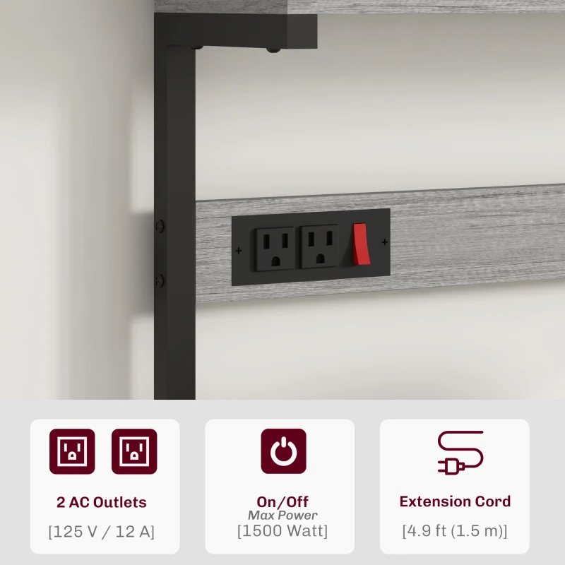 HOMCOM Kitchen Baker's Rack with Power Outlet, Coffee Bar Station with Adjustable Shelves and Hooks, Distressed Grey