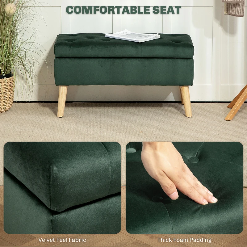 HOMCOM Storage Ottoman with Lid, Velvet Upholstered Storage Bench with Wood Legs for Living Room, Dark Green