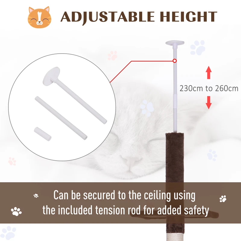 PawHut 102" Adjustable Height Floor to Ceiling Cat Tree, 5 Level Cat Tower with Scratching Posts, Hammock, Brown