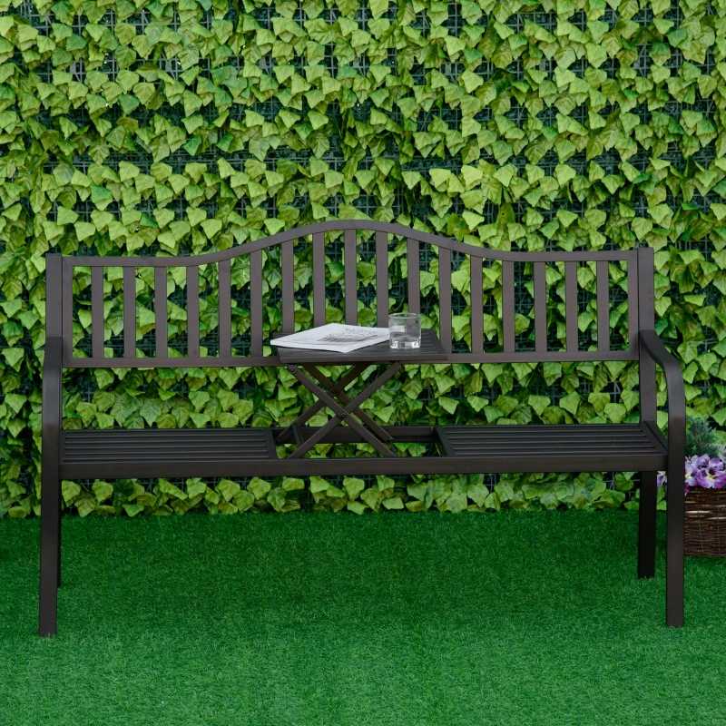 Outsunny Metal Outdoor Bench with Liftable Middle Table, Patio Loveseat, Garden Bench for Lawn, Porch, Seats 2–3 People, Black