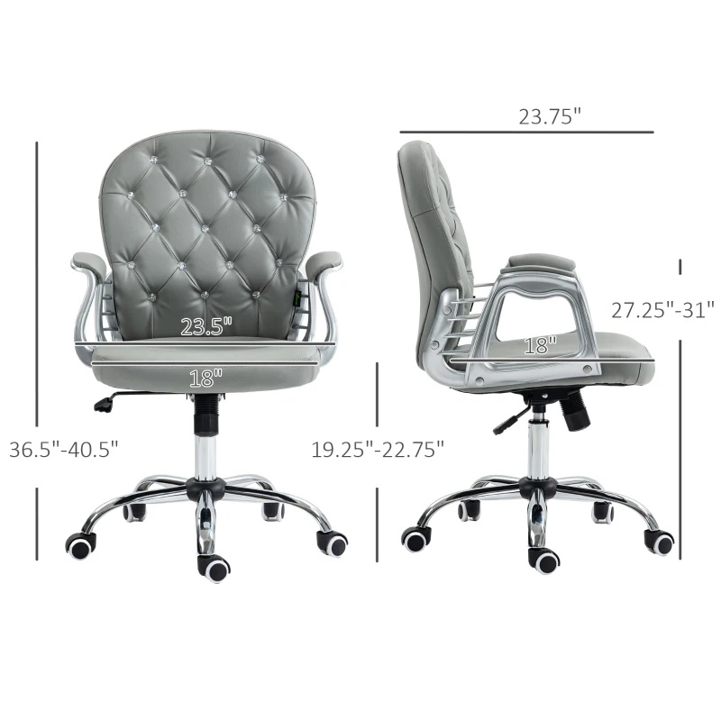 Vinsetto Button Tufted Desk Chair, Home Office Chair with Padded Armrests, Adjustable Height and Swivel Wheels, Gray