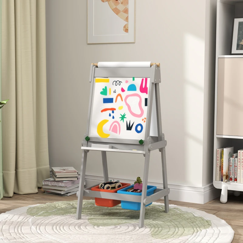 Qaba Easel for Kids, Art Easel w/ Paper Roll, Double Sided Whiteboard & Chalkboard with 2 Storage Boxes