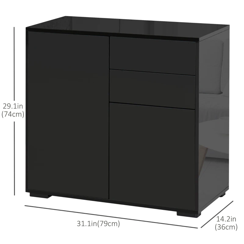 HOMCOM High Gloss Buffet Sideboard with 2 Drawers, 2 Doors and Adjustable Shelf, Kitchen Storage Cabinet with Push Open Design, Black