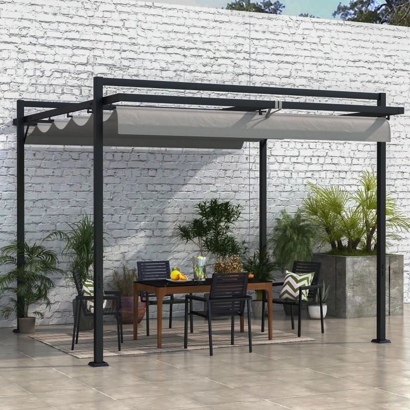 Outsunny 10' x 10' Retractable Pergola, Garden Gazebo Shade Shelter, for Grill, Patio, Deck, Dark Grey