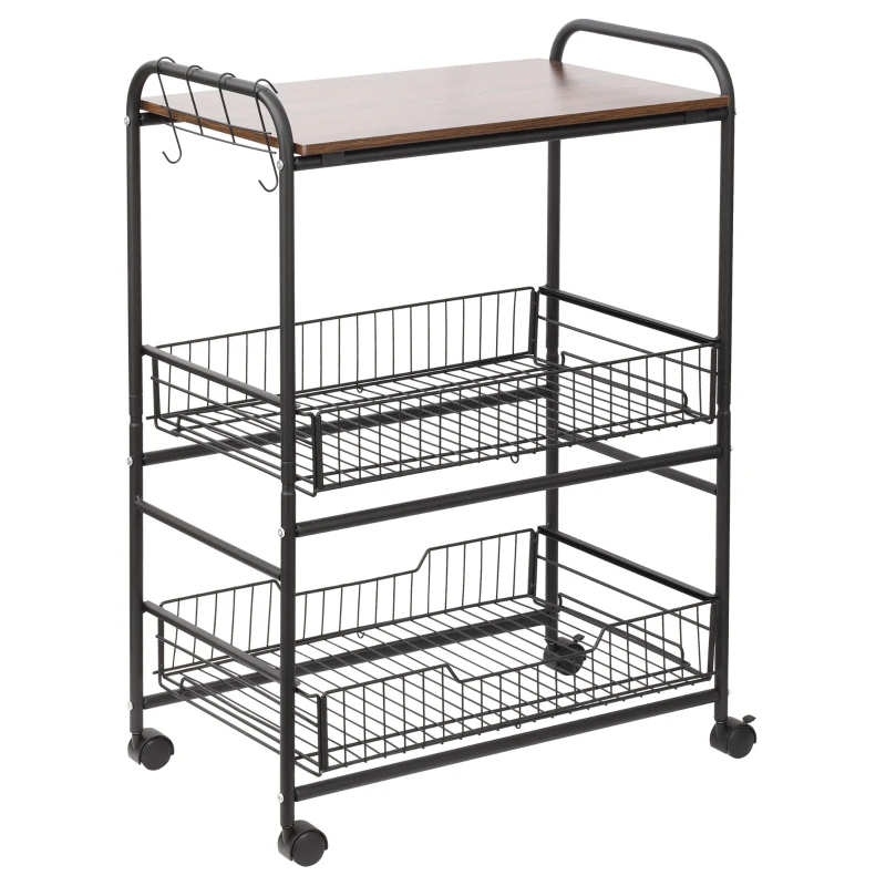 HOMCOM Rolling Kitchen Cart, 3-Tier Utility Storage Cart with 2 Basket Drawers & Side Hooks, Lockable Casters for Dining Room