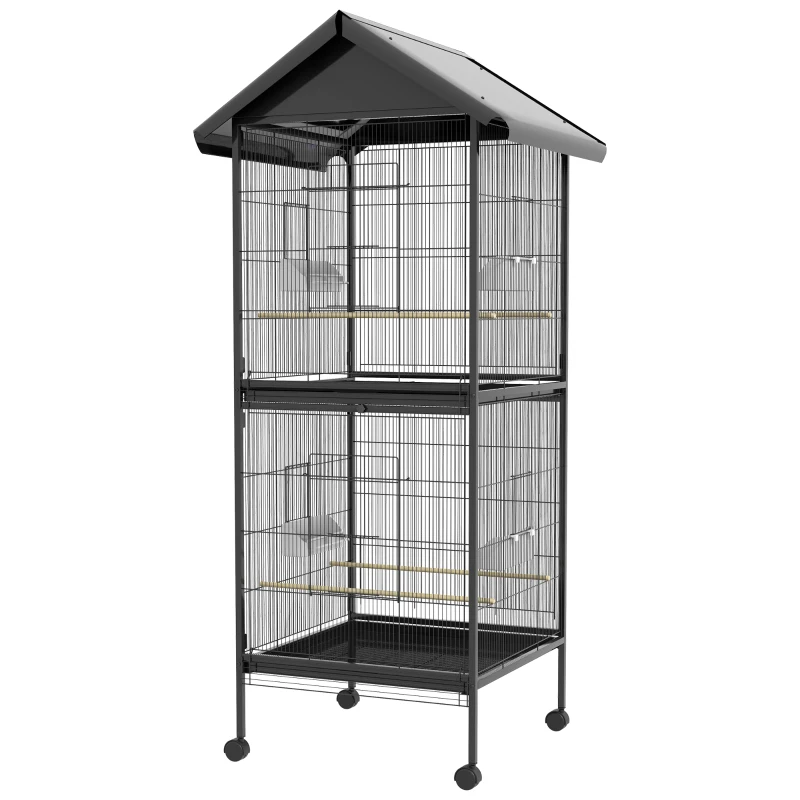PawHut Wrought Metal Bird Cage Feeder with Rolling Stand Perches Food Containers Doors Wheels 67" H, Black