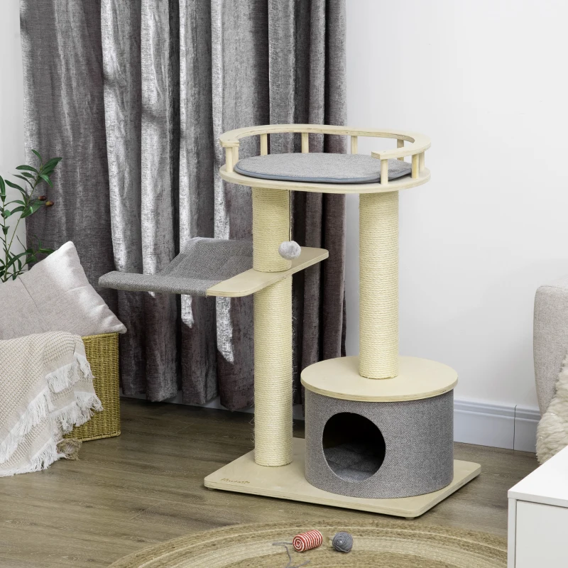 PawHut 35" Cat Tree, Kitty Activity Centre, Wooden Cat Climbing Toy, Cat Tower with Cat Bed Hammock Condo Washable Cushion Hanging Ball Toy Sisal Scratching Post, Natural