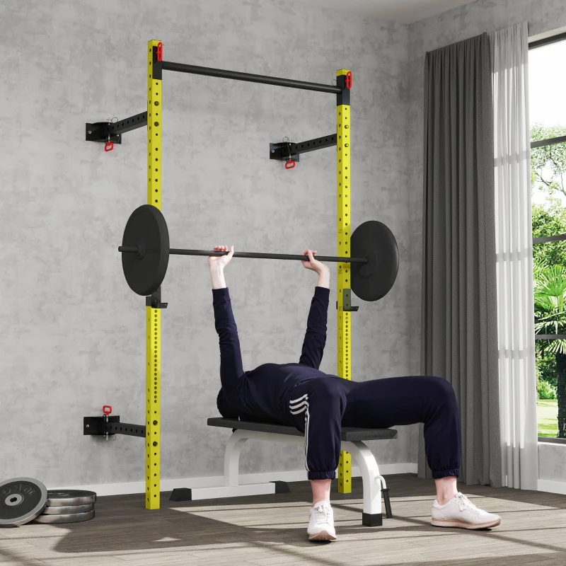 Soozier Folding Squat Rack with Pull Up Bar, Wall Mounted and Adjustable, 1000 Pounds Capacity Power Rack, Yellow