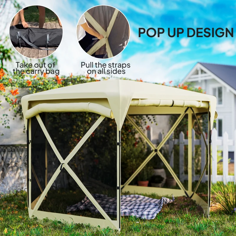 Outsunny 11 x 11ft Pop Up Gazebo Screen Tent with Removable Roof Cover, Roll-up Wind Panels for Camping, Backyard, Beige