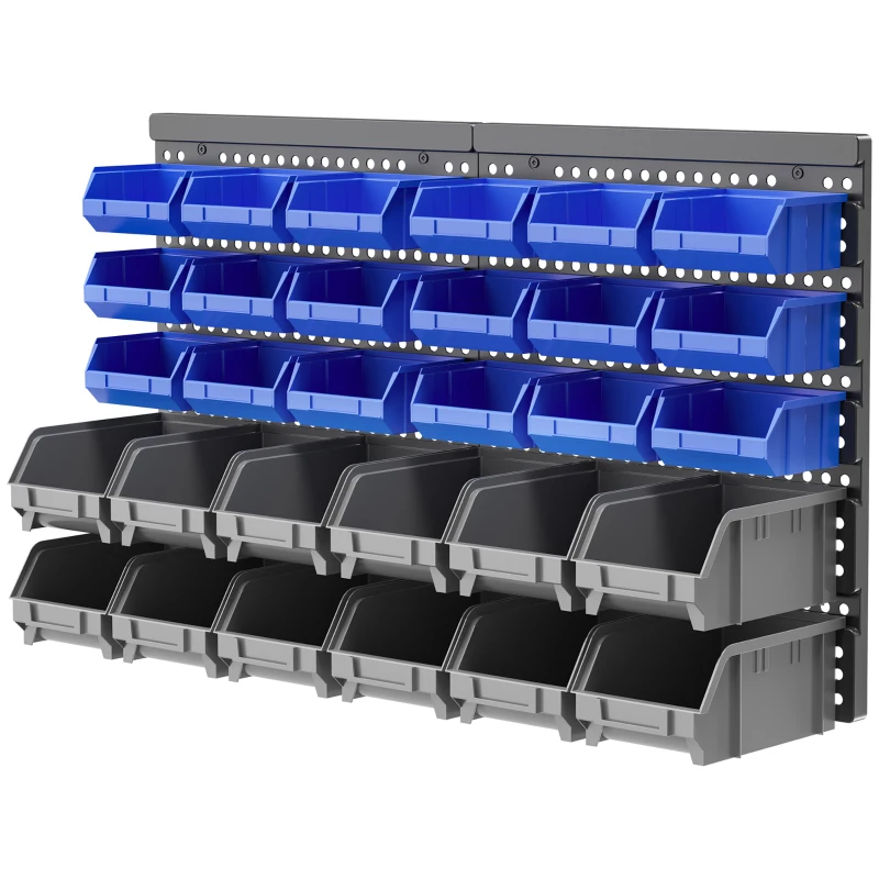 DURHAND Wall Mounted Storage Bin Rack Tool Organizer with 30 Bins, Pegboard for Garage Workshops Blue