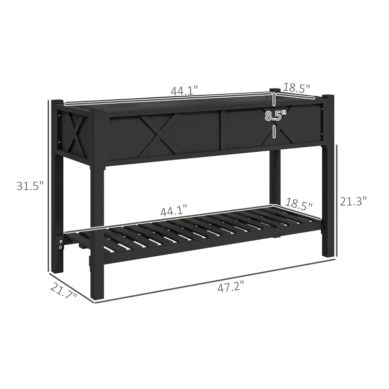 Outsunny Raised Garden Bed, 47 x 22 x 31.5 in. Elevated Wood Planter Box with Storage Shelf, Drainage Holes, and Liner, Black