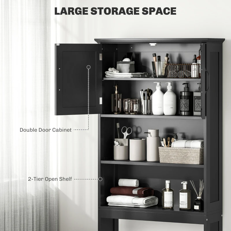 kleankin Modern Over The Toilet Storage, Bathroom Cabinets Over Toilet with Open Shelves and Double Door Cabinet, Black