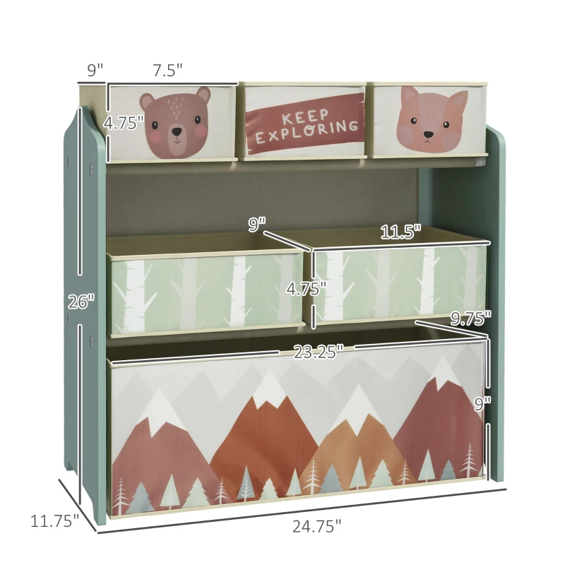 Qaba Toy Organizer with 6 Storage Bins, 25" x 12" x 26", Green