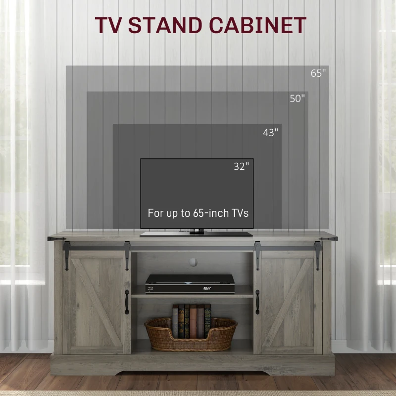HOMCOM Sideboard with Charging Station, Farmhouse Coffee Bar Cabinet with Sliding Barn Door, TV Stand for TVs Up to 65", Gray