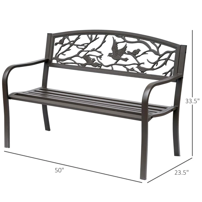 Outsunny 50" Garden Bench Outdoor Loveseat with Vintage Bird Pattern Cast Metal - Brown