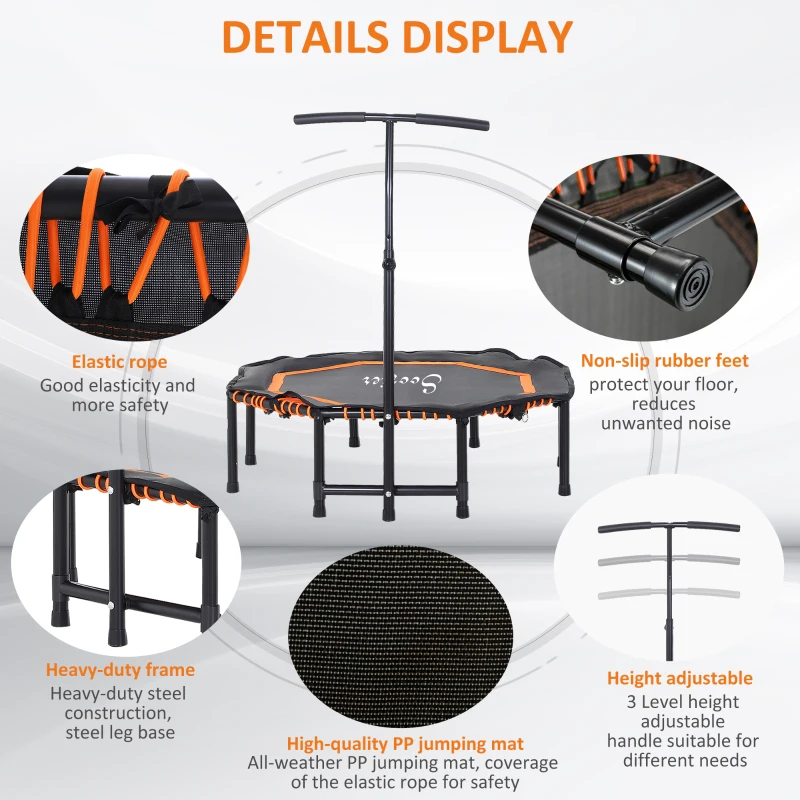 Soozier 48" Silent Mini Trampoline with Adjustable Handle Bar Fitness Trampoline Bungee Rebounder Jumping Cardio Trainer Workout for Adults or Teens Jump Exercise Equipment Orange