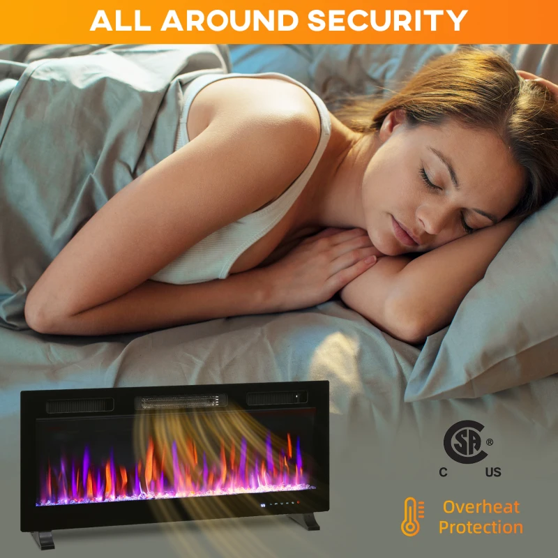 HOMCOM 42" Electric Fireplace Recessed and Wall Mounted, Freestanding, 1500W Ultra-thin with Adjustable Flame, Crystal, Black