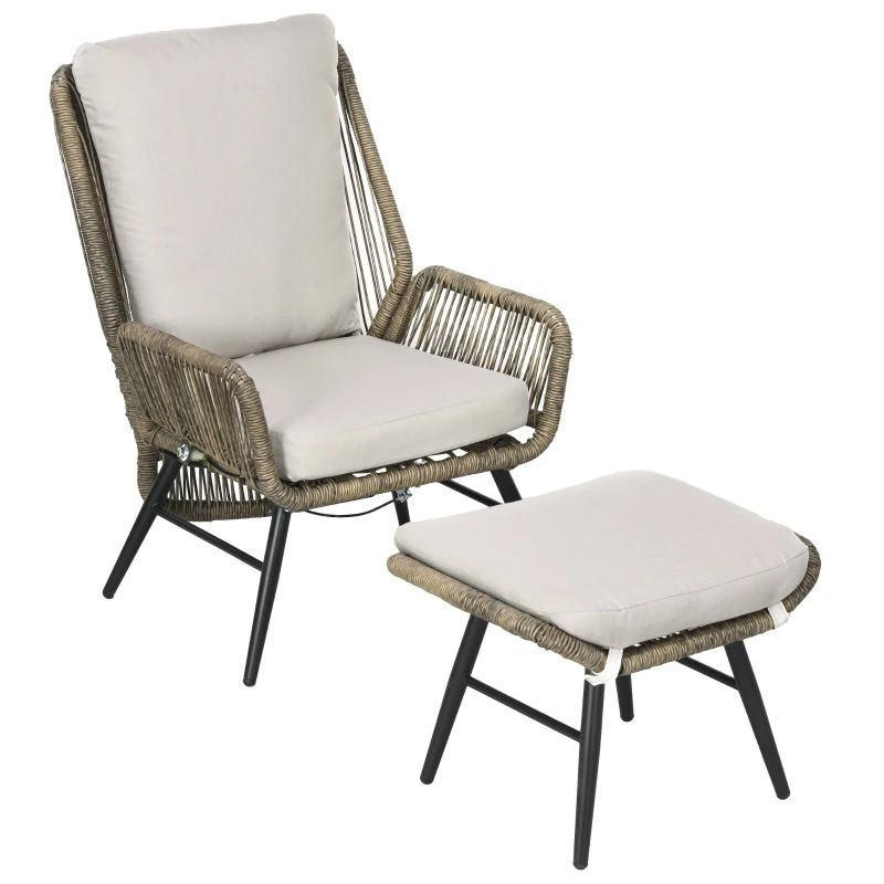 Outsunny 2 PCs PE Rattan Leisure Chair Set, Outdoor Reclining Patio Chair and Footrest w/ Adjustable Backrest & Cushion, Khaki