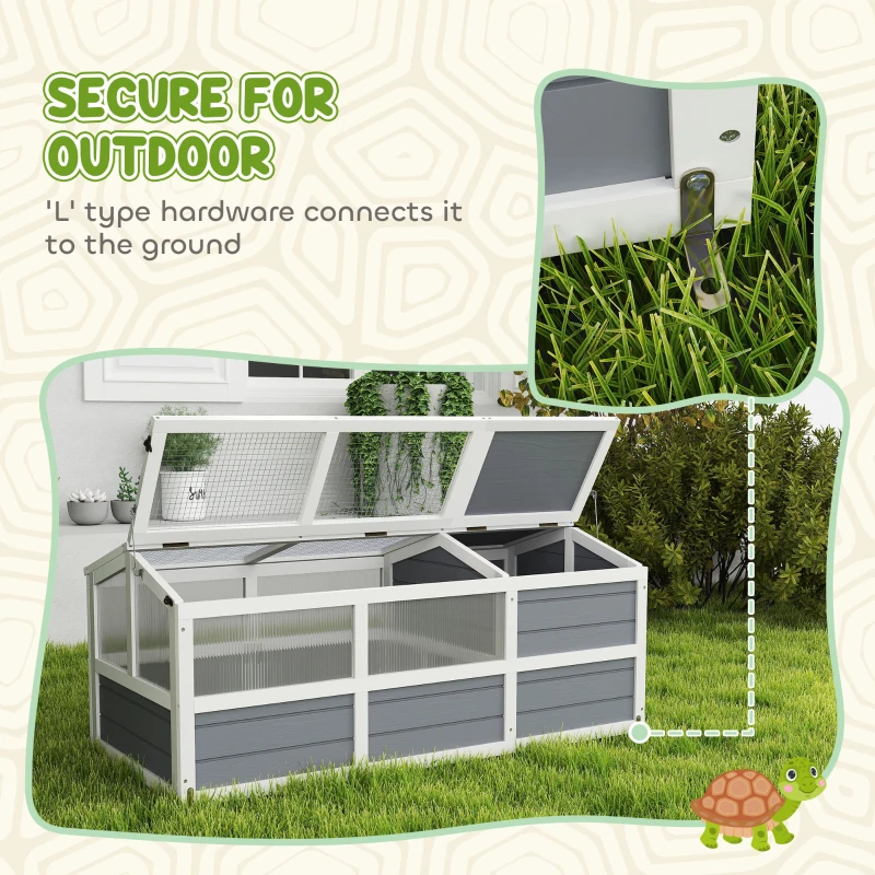 PawHut Wooden Tortoise Habitat Outdoor w/ Bottomless Design, Doors, PC Sun Panel Windows, for Small Animals, Rabbit, Light Gray