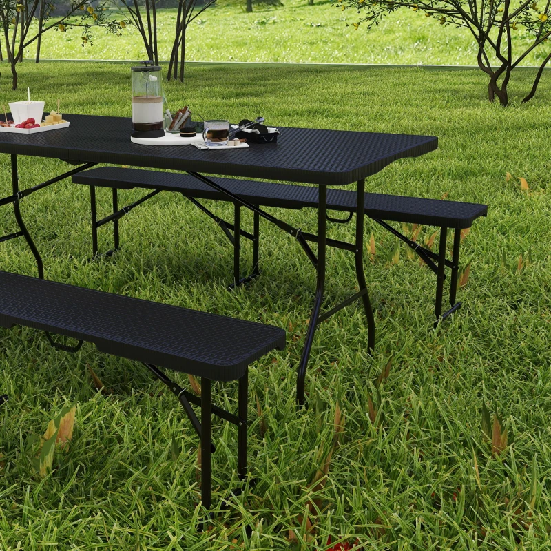 Outsunny 6FT 3PCS Faux Rattan Outdoor Camping Table Bench Set with Carrying Handles, Folding Picnic Table with 2 Benches, Black