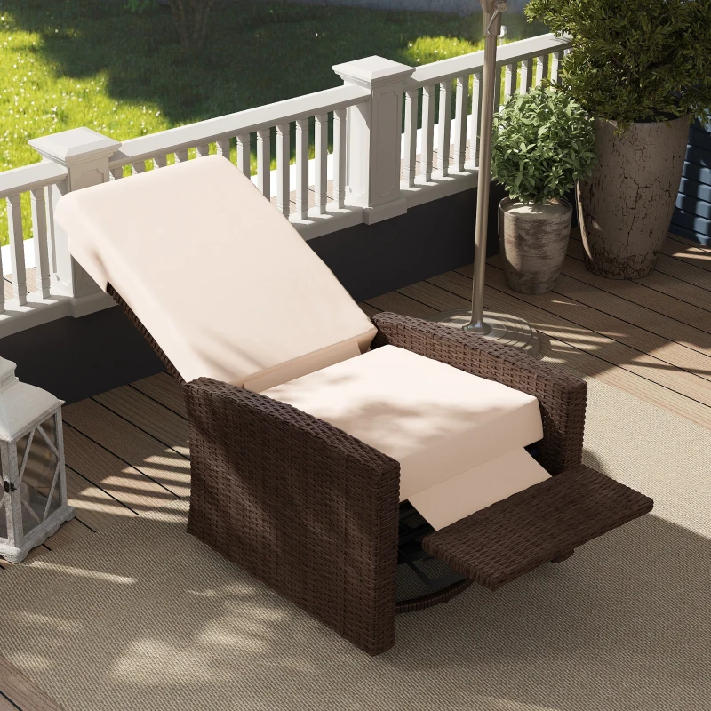 Outsunny Outdoor Wicker Swivel Recliner Chair, Lifting Footrest, 360° Rotating Basic, Water-resistant Cushions, Cream White
