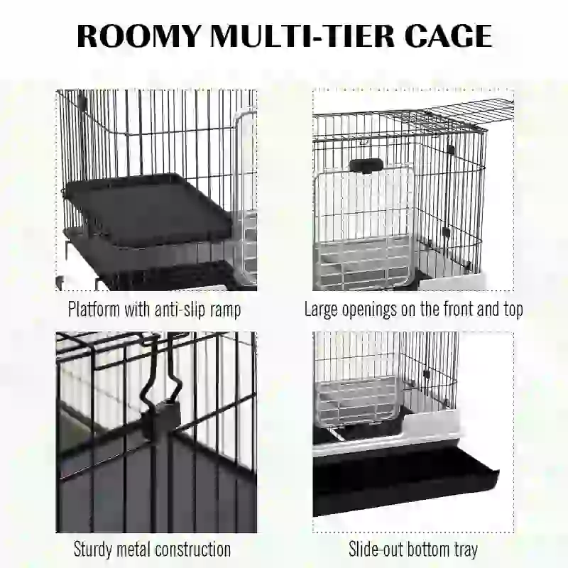 PawHut 28"H 2-Level Small Animal Cage Rabbit Hutch with Universal Lockable Wheels, Slide-Out Tray for Bunny, Chinchillas, Ferret, Black