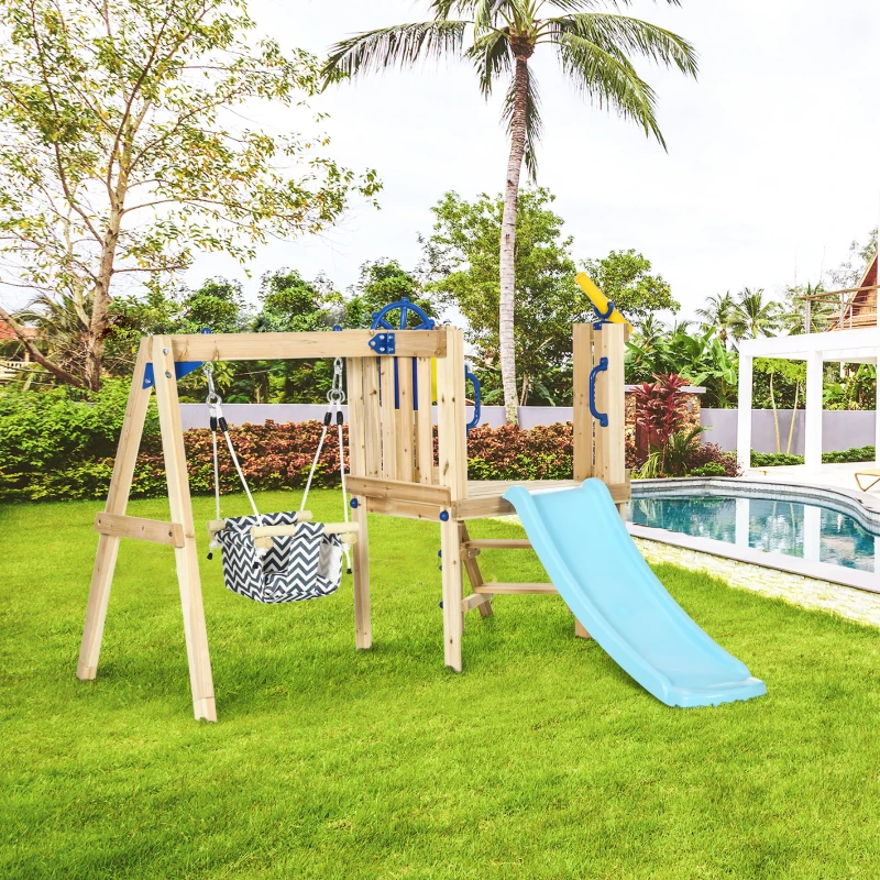 Outsunny Swing Set for Backyard, Wooden Toddler Outdoor Playset with Baby Swing Seat, Kids Slide, Fort, Playground Equipment with Captain's Wheel, Telescope for Ages 1.5-4, Natural