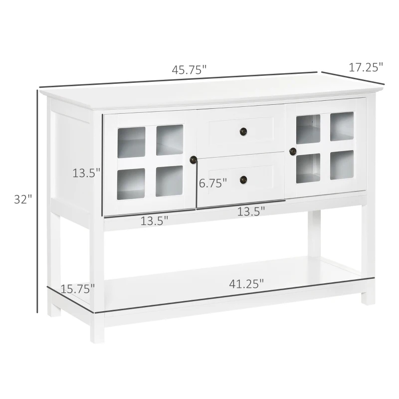 HOMCOM Kitchen Sideboard Serving Buffet Storage Cabinet Cupboard with Adjustable Shelves, Glass Doors, 2 Drawers, for Dining, Living Room, White