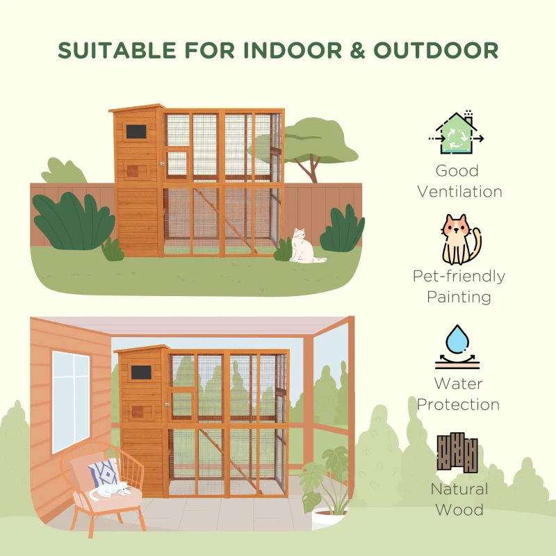 PawHut Wooden Outdoor Catio with Platforms, Asphalt Roof, Ramps, Natural