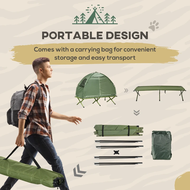 Outsunny Compact Pop Up Portable Folding Outdoor Elevated Camping Cot Tent Combo Set Dark Green