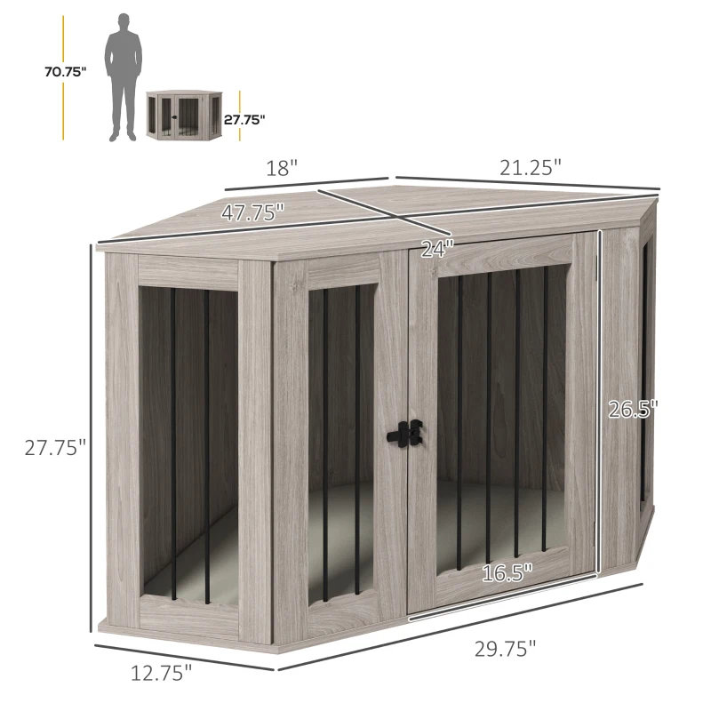 PawHut Corner Dog Crate, Furniture Dog Cages with Cushion for Large-Sized Dog, Indoor Use, Walnut Brown