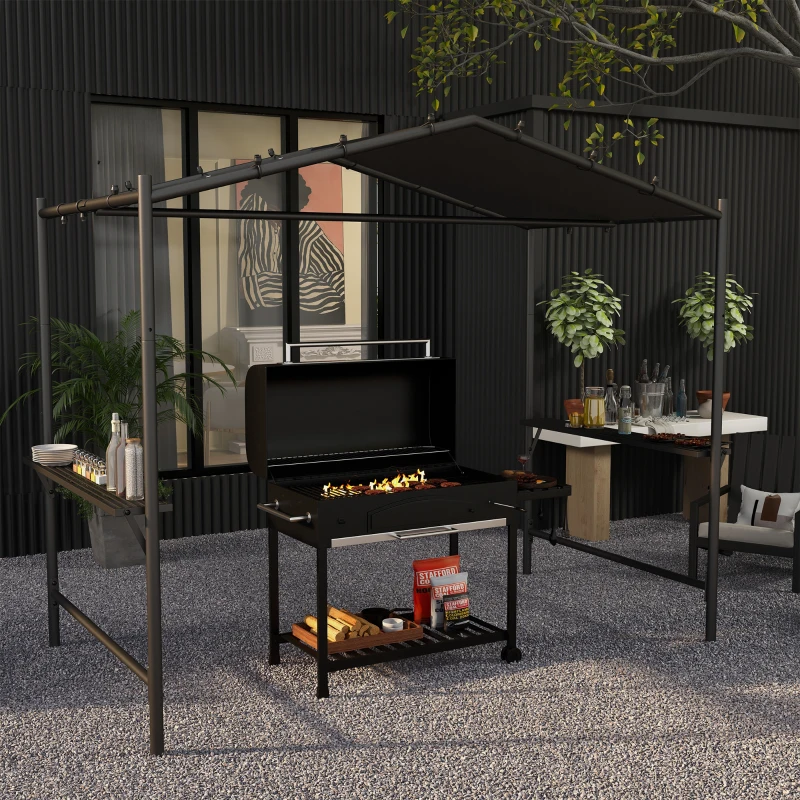 Outsunny 9' x 5' BBQ Grill Gazebo Tent, Garden Grill Canopy Outdoor Grill Shelter w/ Steel Frame and Serving Shelves, Dark Grey
