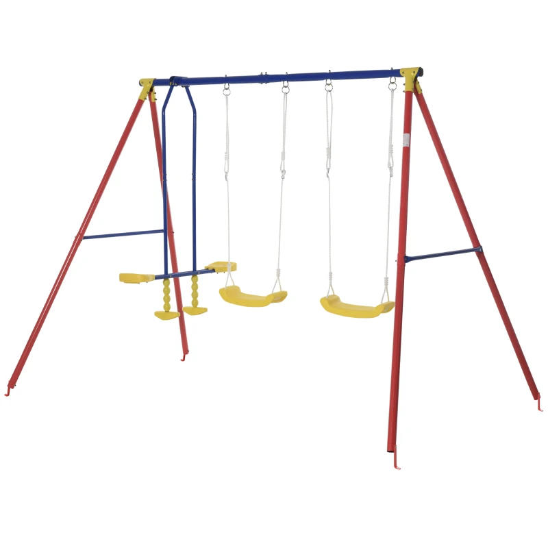 Outsunny Metal Swing Set with 2 Seats Glider A-Frame Stand Adjustable Hanging Rope for Backyard Playground Outdoor Playset for Kid Age 3-8 Years Old 352lbs