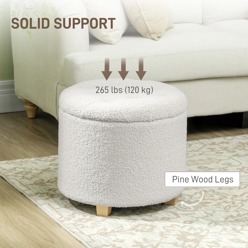 HOMCOM 18" Round Ottoman with Storage, Teddy Fleece Button Tufted Foot Stool with Lid, Wood Legs for Living Room Hallway, White