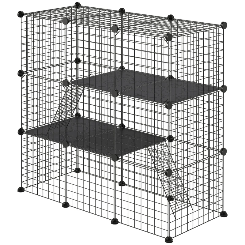 PawHut 31 Panels Small Animal Cage, Pet Playpen w/ Doors, Chinchilla Cage w/ Ramps, for Cat, Rabbits, Indoor Use