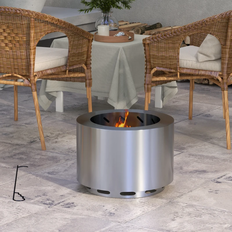 Outsunny Smokeless Fire Pit, Portable Camping Bonfire Stove with Poker for Backyard Patio Picnic, Stainless Steel, Silver