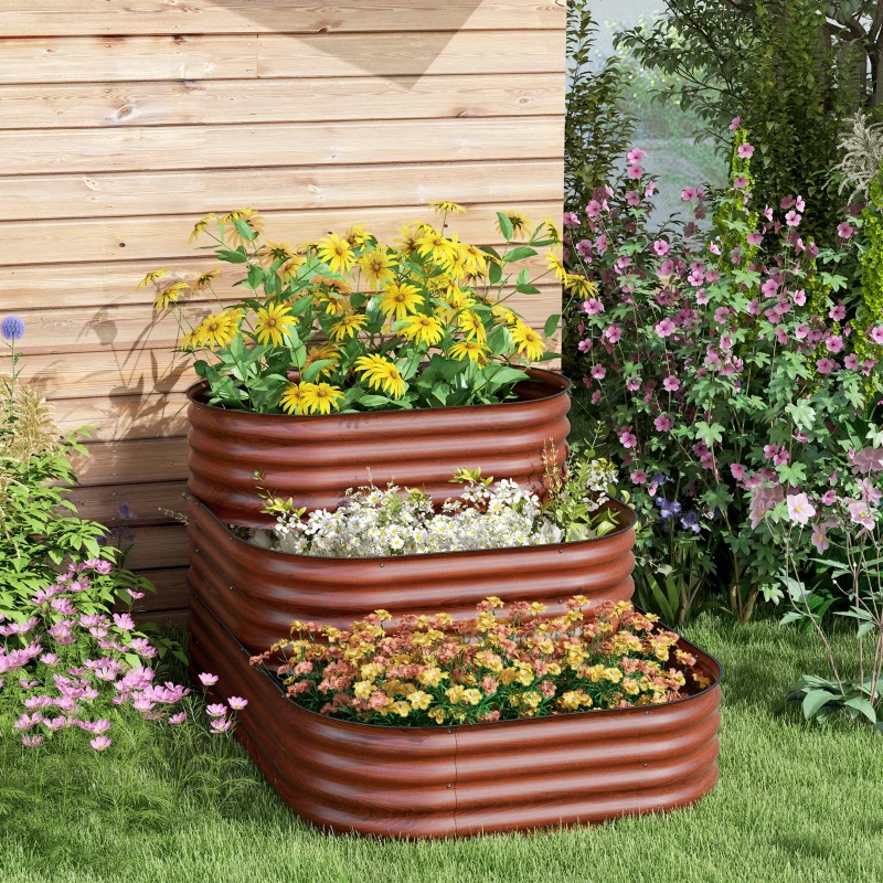 Outsunny 3-Tier Raised Garden Bed Set w/ Safety Edging, Open Bottom for Vegetables, Herbs, Flowers, 62.25" x 43" x 32.25", Brown