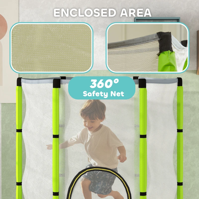 Qaba 4.6FT Toddler Trampoline w/ Safety Net, Recreational Trampoline for Indoor Outdoor, Cloud Pattern, Green
