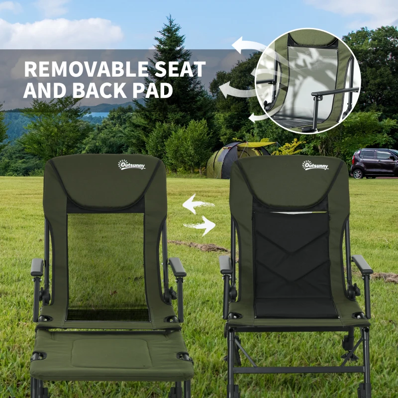 Outsunny Folding Fishing Chair, 330 lb Heavy Duty Camping Chair with Reclining Backrest, Footrest, Adjustable Legs, Dark Green
