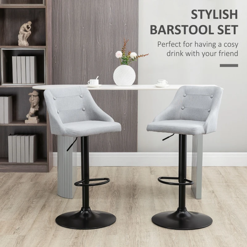 HOMCOM Counter Height Bar Stools Set of 2, Adjustable Bar Chair, Swivel Fabric Kitchen Stools with Back, Armrests and Footrest for Kitchen Counter and Dining Room, Light Grey