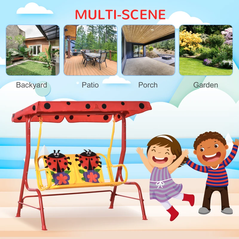 Outsunny Porch Swing for Kids with Adjustable Canopy to Block Sun at Angles, Kids Swing Chair with Seatbelts, Ladybug Pattern, Gift for Kids Ages 3-6, Red