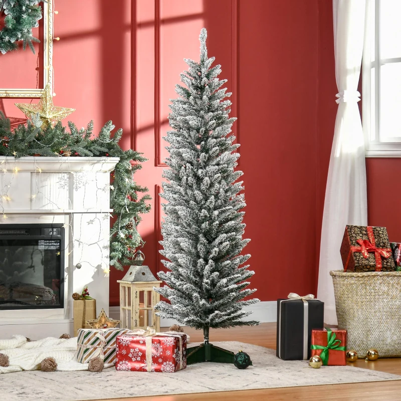 HOMCOM 5' Snow Flocked Artificial Pencil Christmas Tree, Slim Xmas Tree with Realistic Branches and Plastic Base Stand for Indoor Decoration, Green