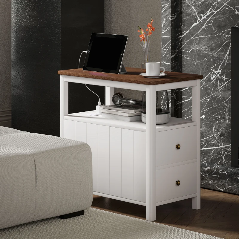 HOMCOM Side Table with Charging Station and USB Ports, Narrow End Table with Drawers, Shelf for Living Room, White
